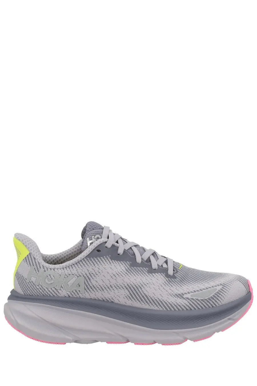 Gray hoka unisex clifton gtx sneaker with mesh upper neon yellow heel tab and pink sole accents