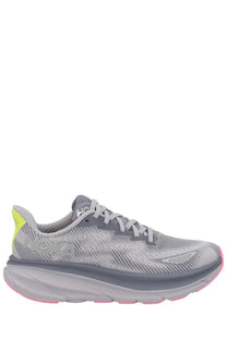 Gray hoka unisex clifton gtx sneaker with mesh upper neon yellow heel tab and pink sole accents