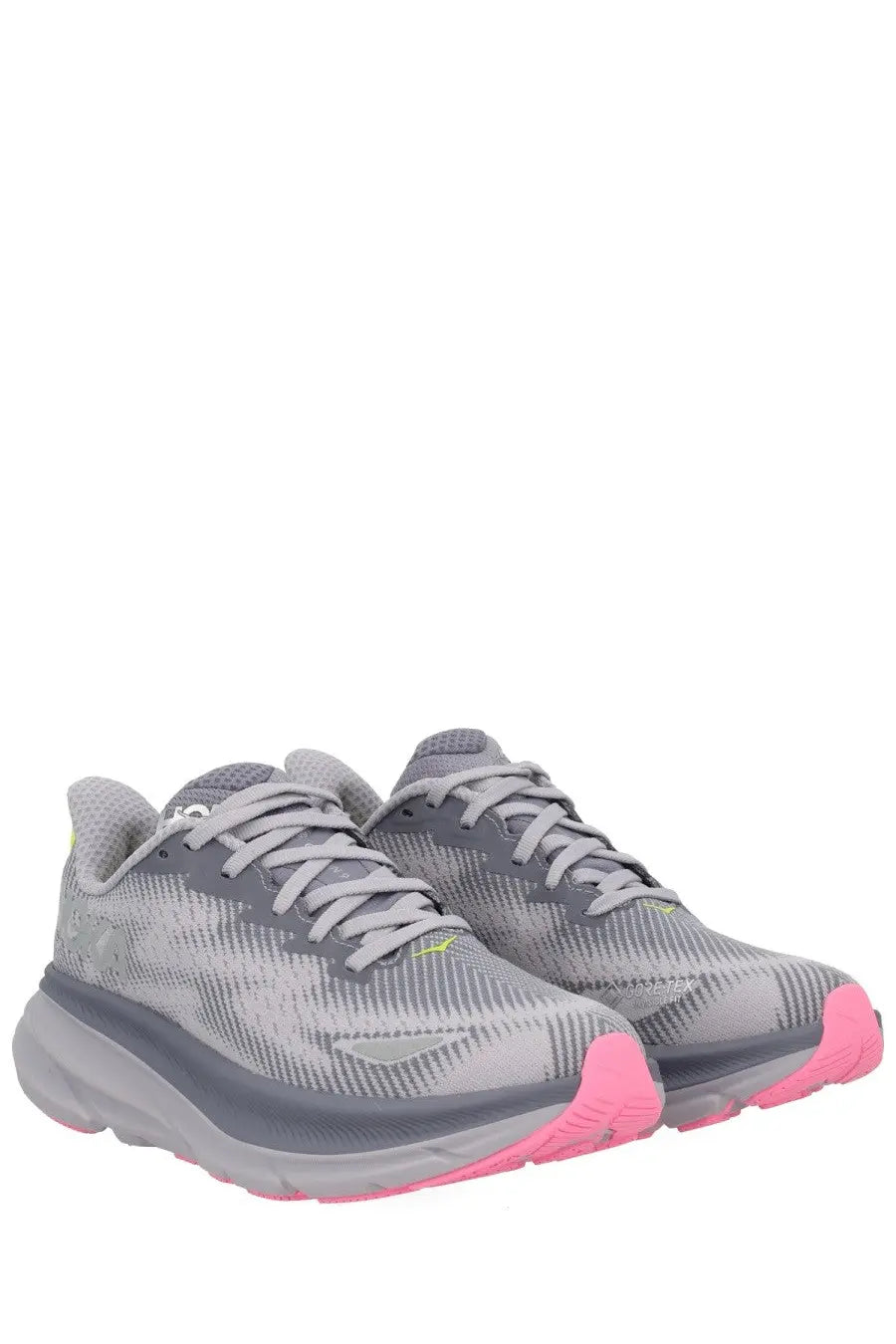 Gray and pink hoka unisex clifton gtx sneaker with breathable mesh upper and cushioned sole for running