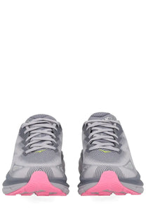 Gray and pink Hoka unisex Clifton Gtx sneaker with breathable mesh upper and vibrant neon yellow accents