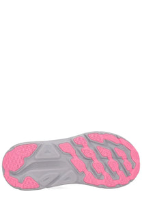 Pink and gray rubber sole with textured pattern on hoka unisex clifton gtx sneaker grey