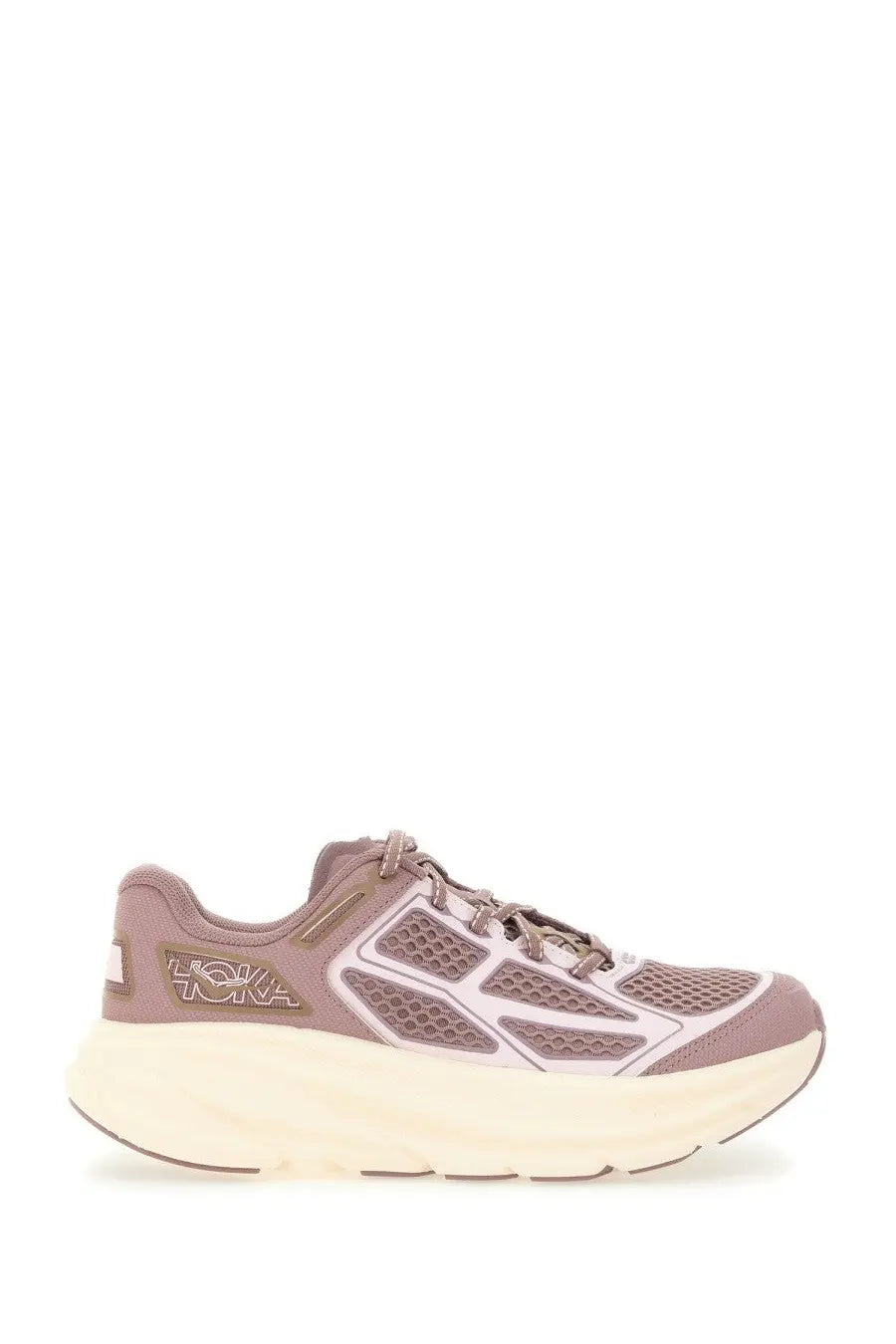 A mauve hoka one+ unisex clifton one9 sneaker with mesh and synthetic upper and white midsole