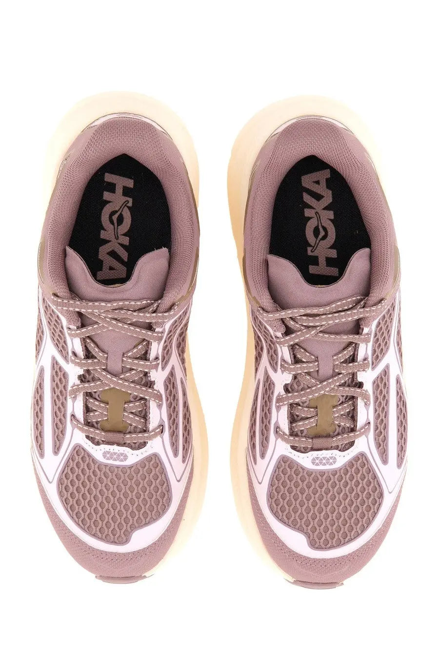 Pair of hoka one one unisex clifton one9 running shoes in muted mauve and white with mesh uppers and cushioned sole