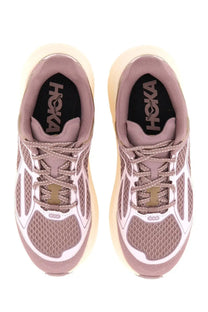 Pair of hoka one one unisex clifton one9 running shoes in muted mauve and white with mesh uppers and cushioned sole