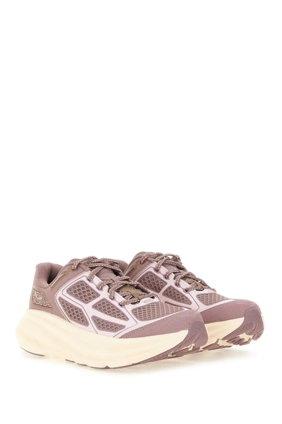 Pair of hoka unisex clifton one9 running shoes in muted taupe and cream with mesh panels and cushioned sole