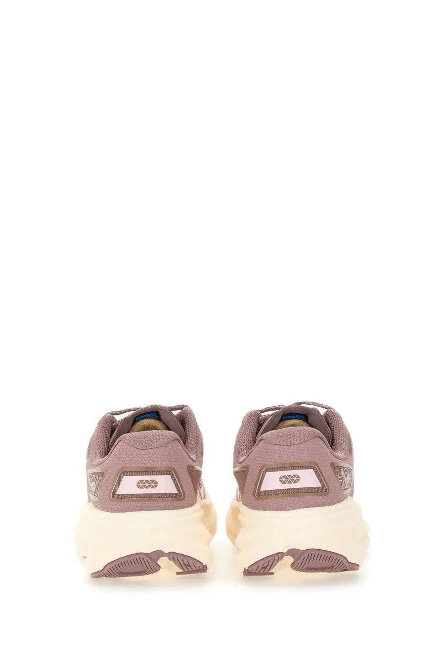 Pair of taupe and cream hoka one one clifton one9 sneakers with chunky cushioned sole for unisex use