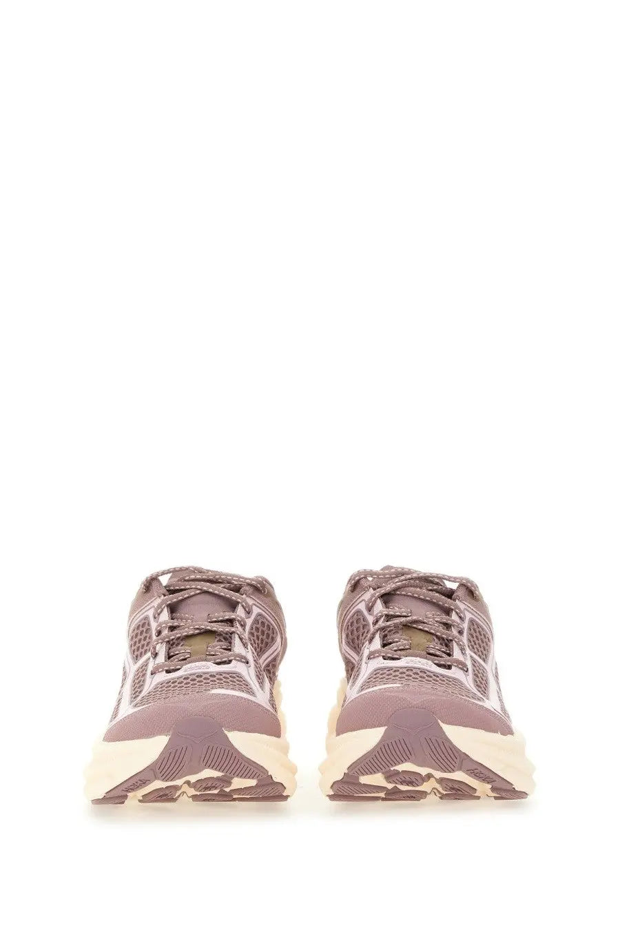 Pair of taupe and cream-colored hoka one one unisex clifton ONE9 running shoes with mesh uppers and chunky soles