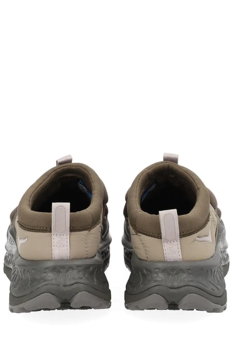 Beige and gray hoka unisex now first sneaker with fabric upper and textured rubber sole in brown tone