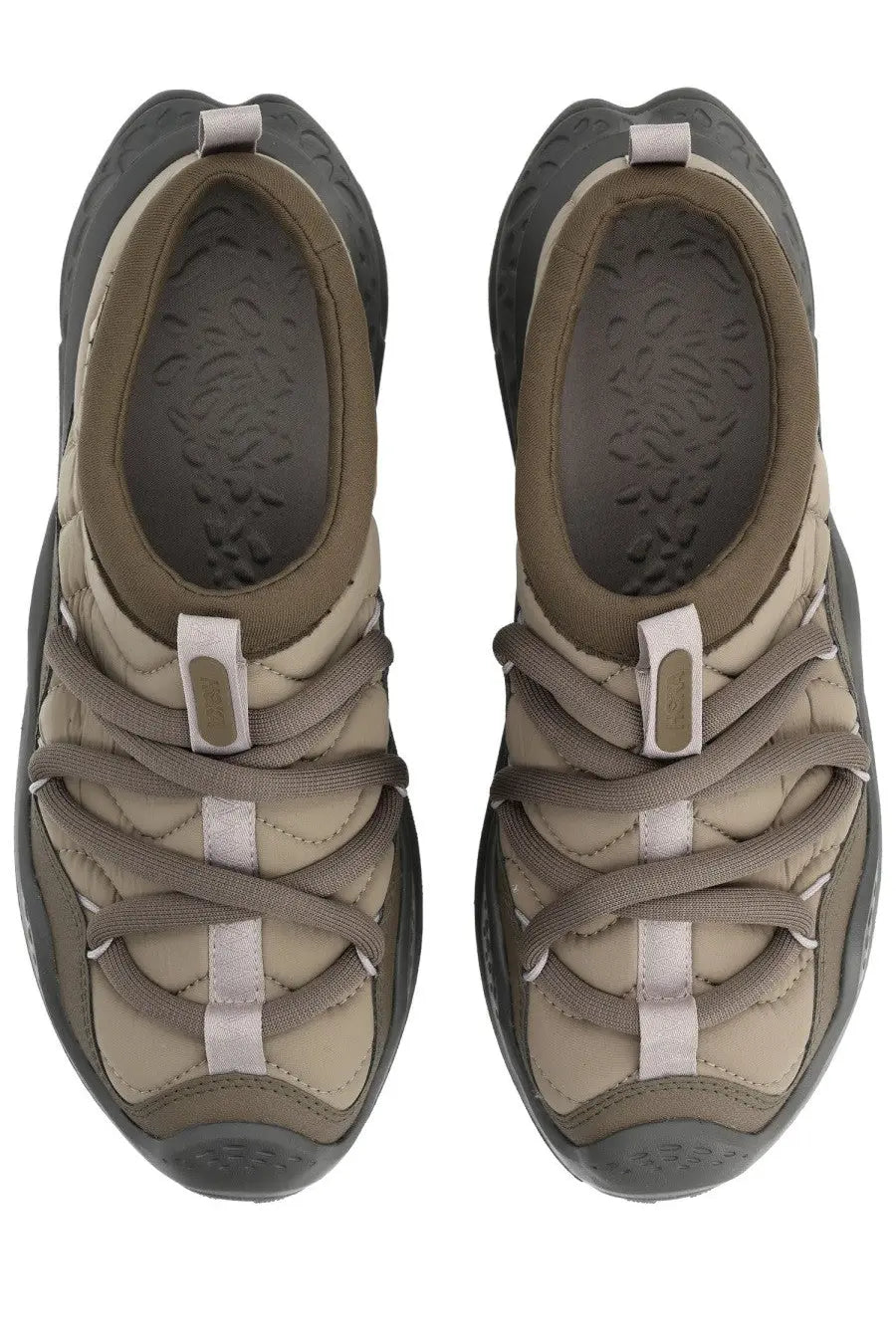 Hoka unisex now first sneaker in brown with tan and dark gray quilted upper and white lace tabs on chunky sole
