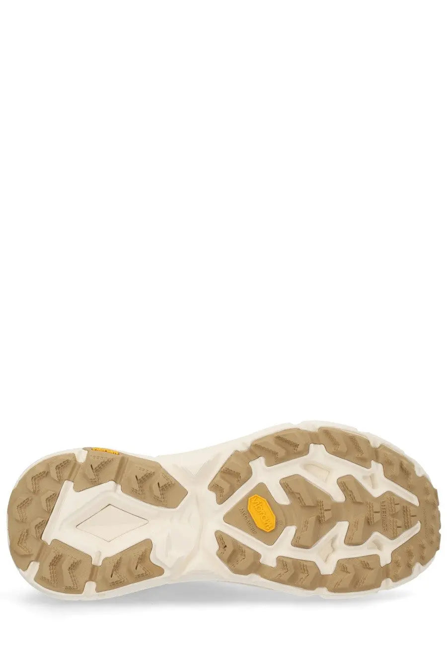 The hoka unisex mafate speed lite sneaker beige features a rugged tan rubber outsole with deep treads and a bright yellow vibram logo