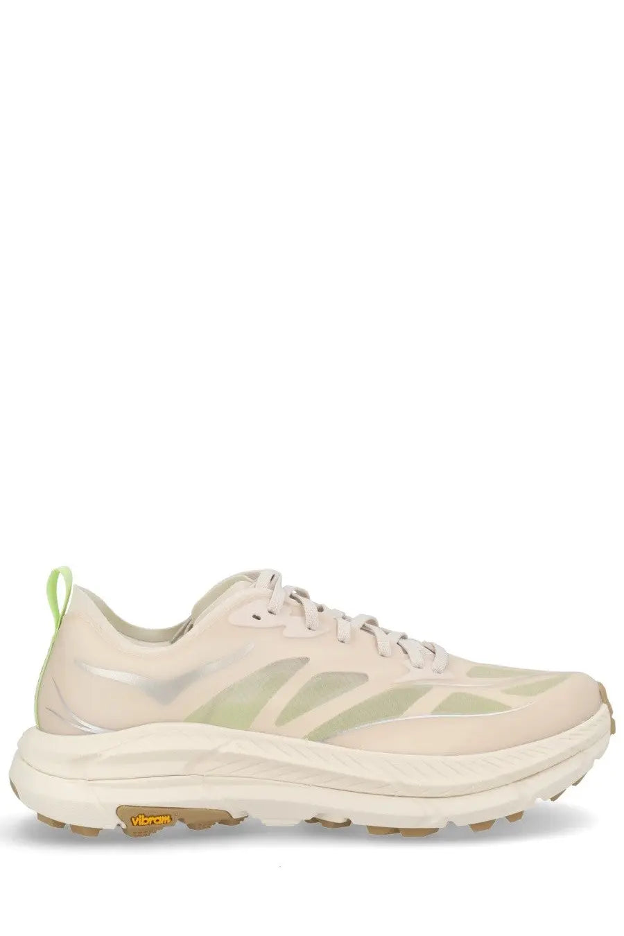 Cream-colored hoka unisex mafate speed lite sneaker with translucent green accents and vibram sole for running