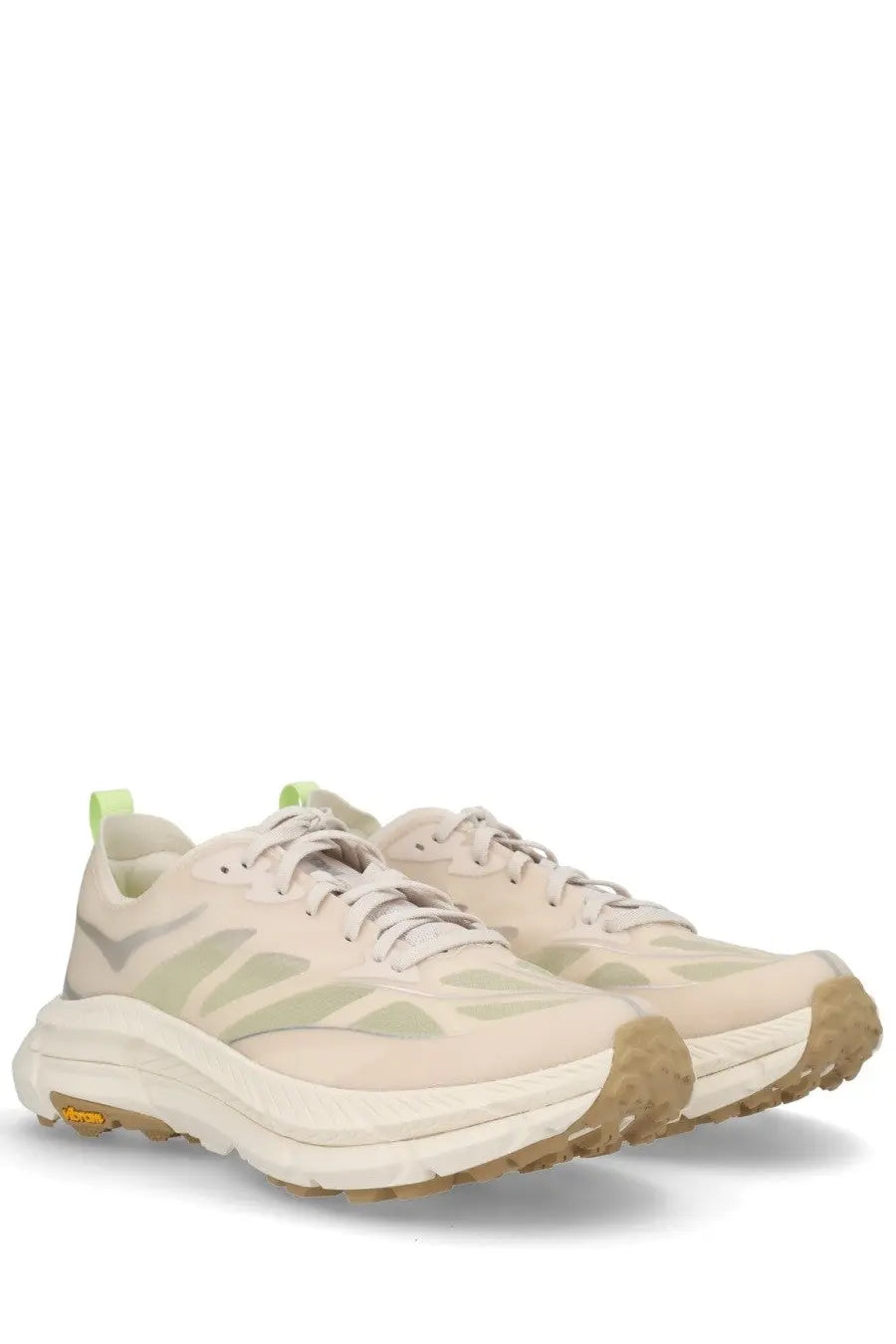 Beige hoka one one unisex mafate speed lite sneaker with light green accents and a chunky cushioned sole