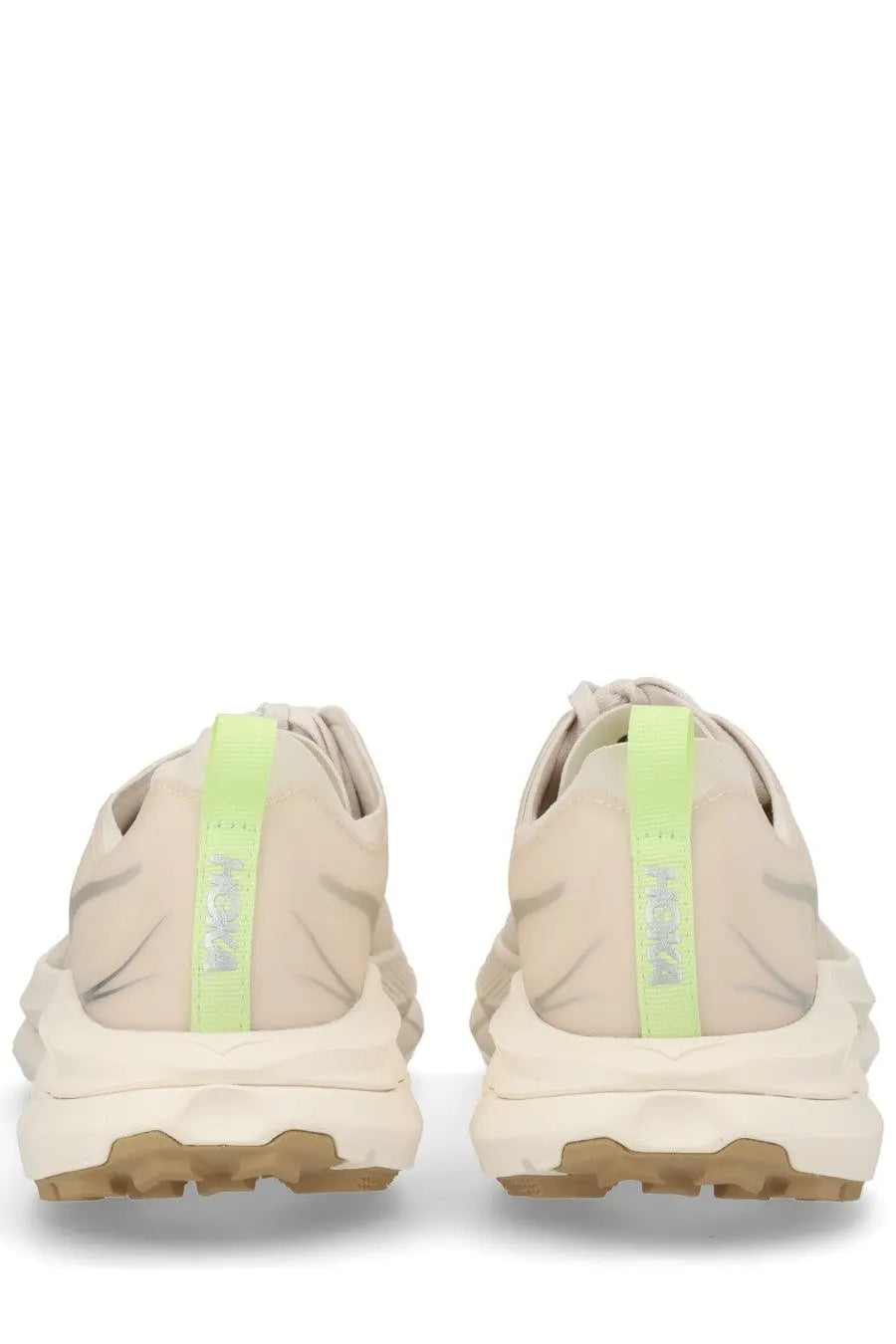 Beige hoka unisex mafate speed lite sneaker with neon green heel tabs and chunky textured sole shown from the back