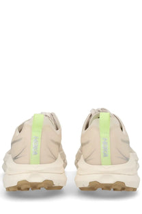 Beige hoka unisex mafate speed lite sneaker with neon green heel tabs and chunky textured sole shown from the back