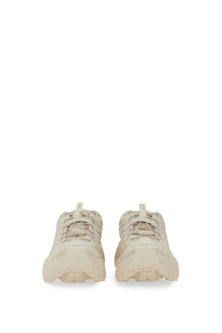 Beige hoka unisex mafate three2 sneaker with chunky rugged textured upper and thick rubber sole