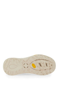Beige hoka unisex mafate three2 sneaker with textured rubber sole and bright yellow vibram outsole in blue design