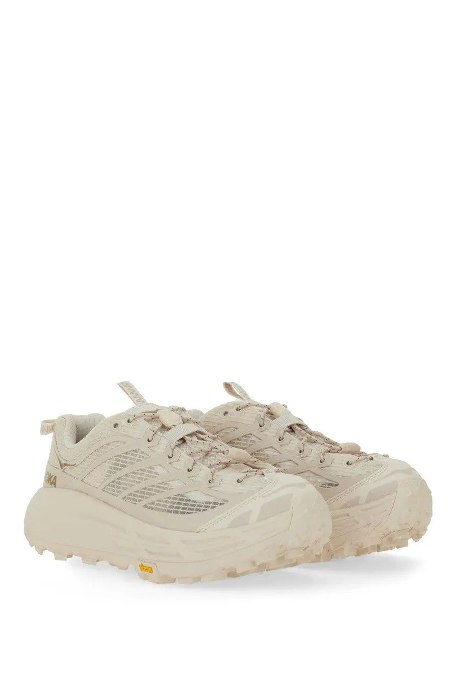 Cream-colored hoka unisex mafate three2 sneaker with mesh and synthetic overlays and chunky rubber sole