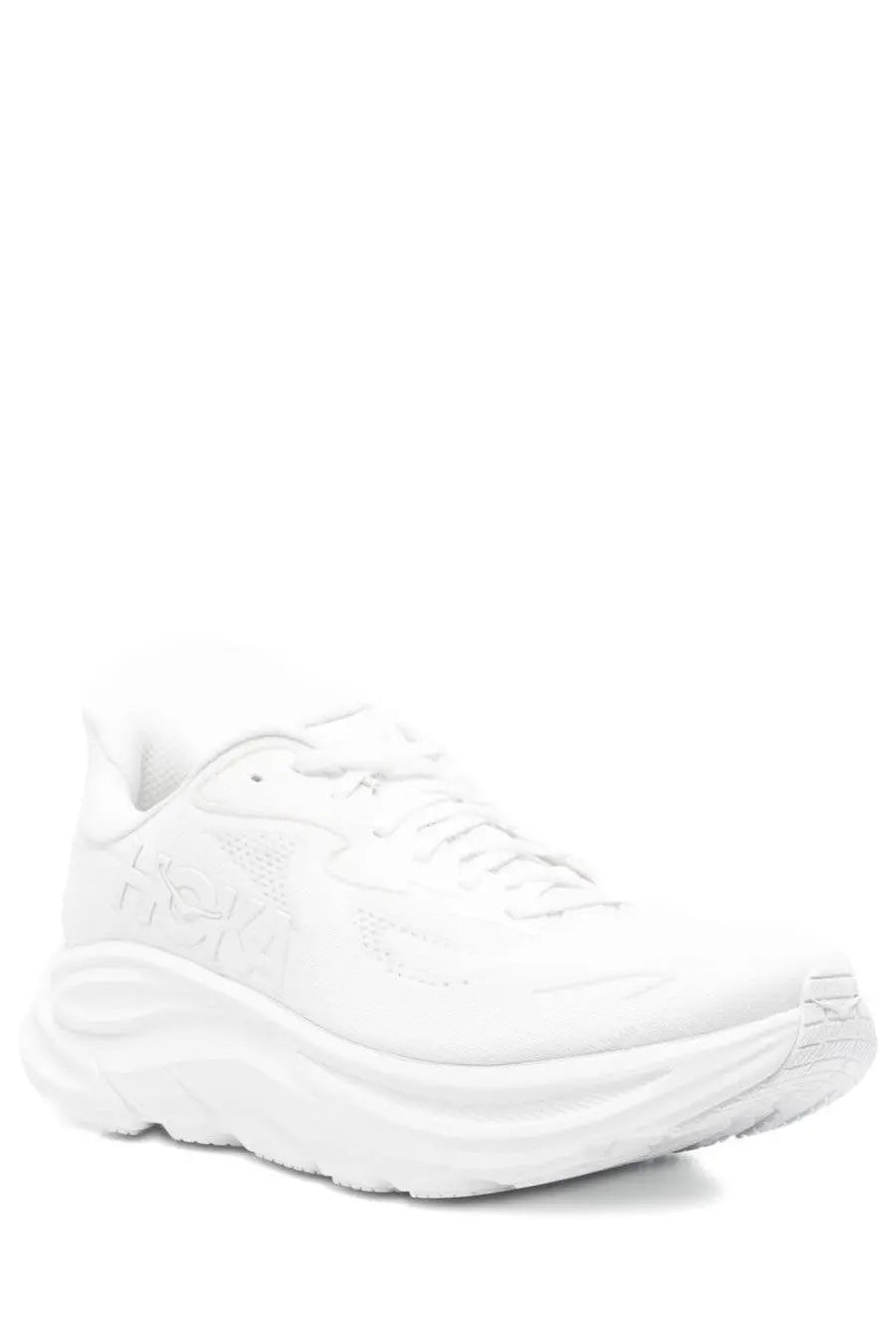 White hoka one unisex sneaker clifton with cushioned sole and sleek minimalist design for running and casual use