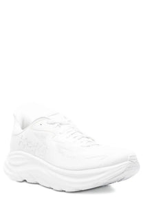 White hoka one unisex sneaker clifton with cushioned sole and sleek minimalist design for running and casual use