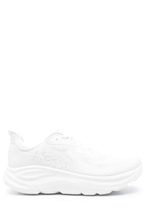 White hoka one+ unisex sneaker clifton with sleek minimalist design and cushioned sole for running