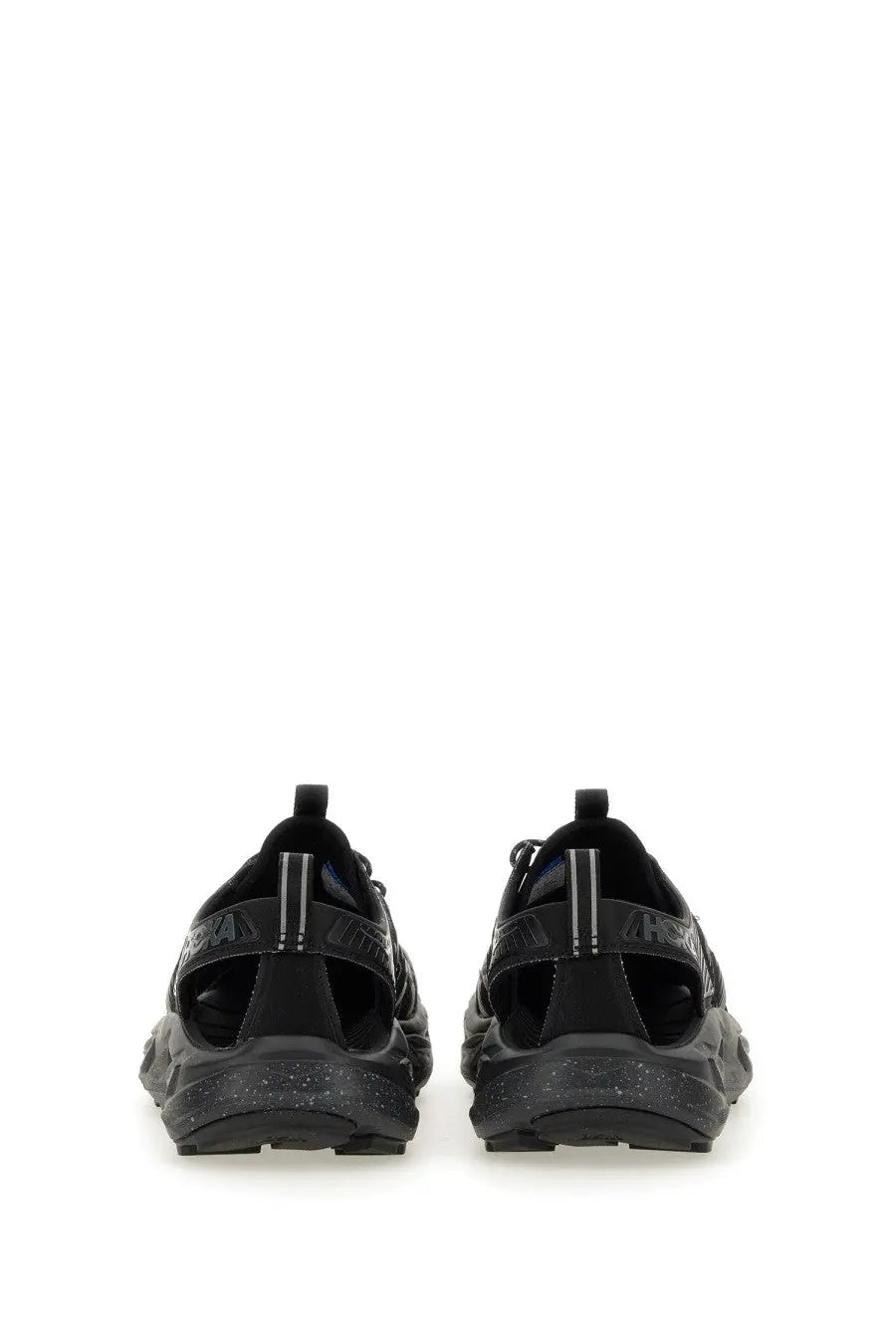 Hoka unisex sneaker hopara black chunky sneakers with speckled rubber sole and textured straps front view