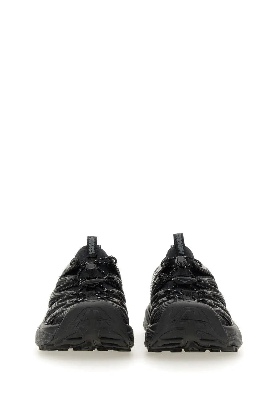 Black hoka one one clifton 8 trail running shoes with textured upper and rugged sole in hoka unisex sneaker hopara black