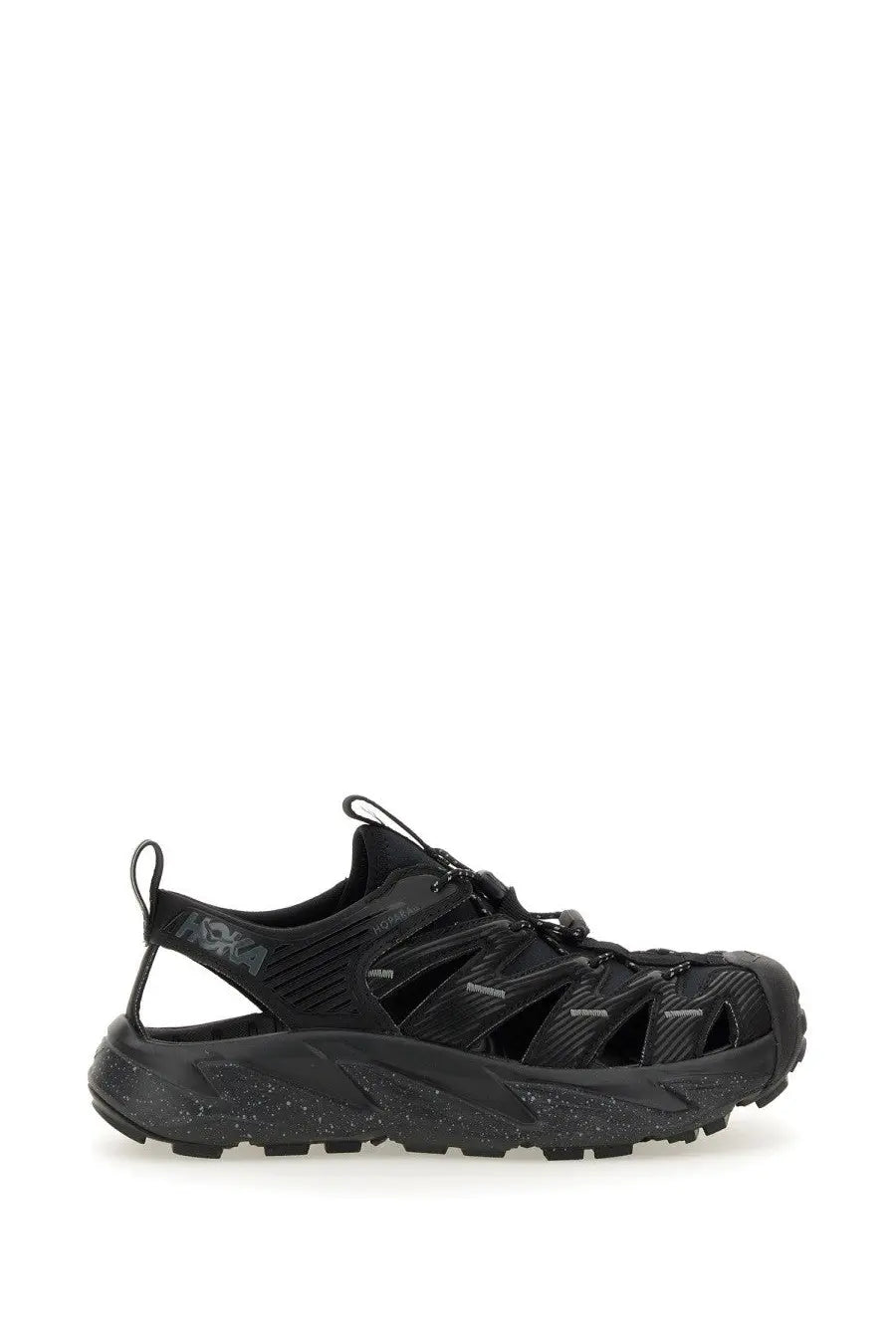Black Hoka one+ unisex sneaker Hopara with breathable mesh upper and textured speckled rubber sole