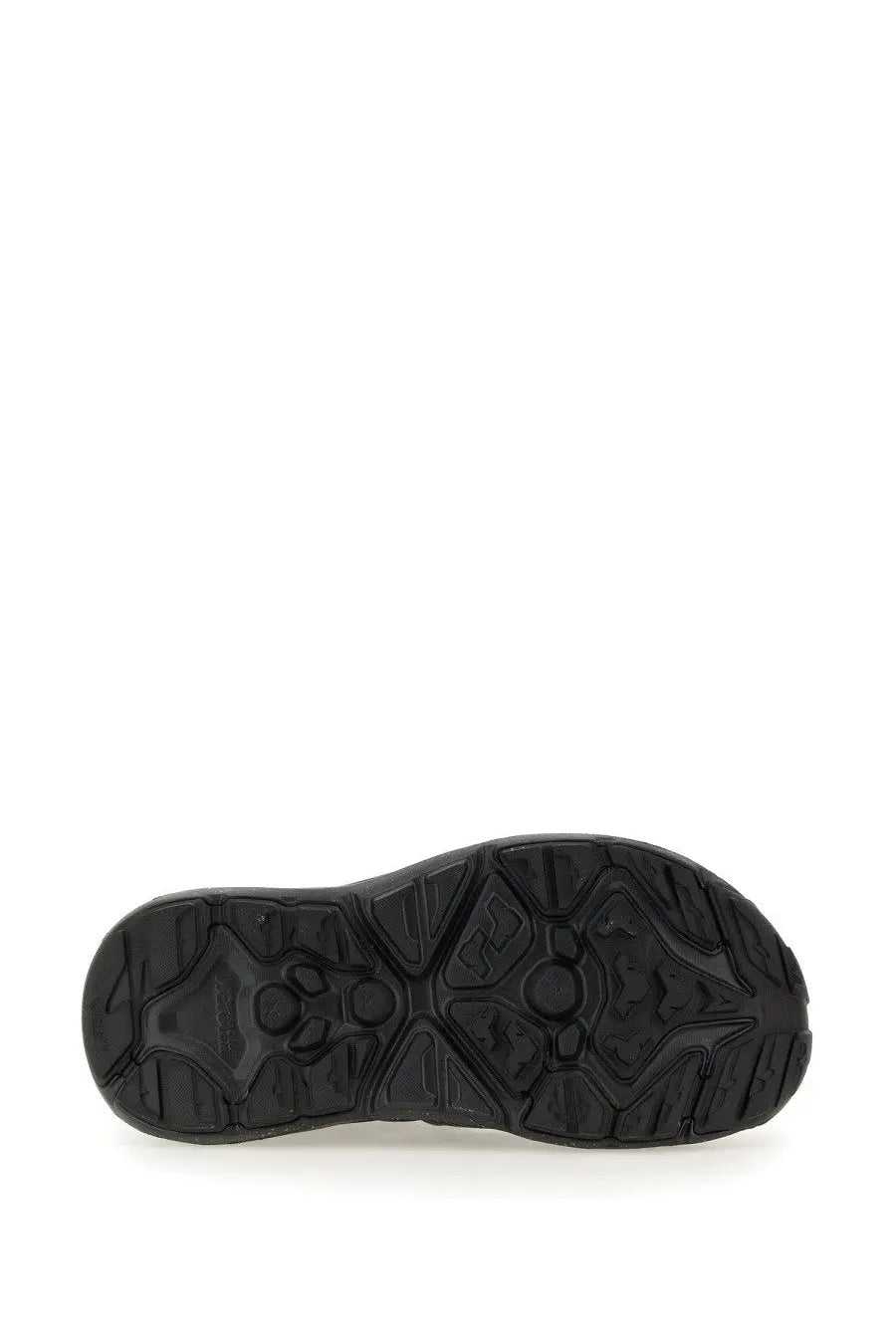 Black rubber sole with geometric tread pattern on the Hoka unisex sneaker Hopara black back side
