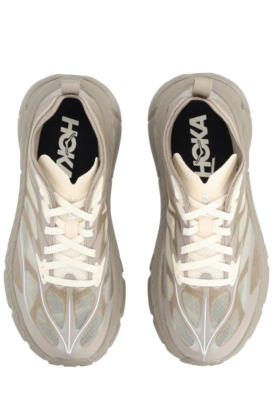 Beige Hoka unisex Mafate Speed Lite sneaker with translucent mesh upper and white laces for lightweight comfort