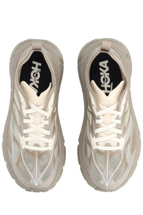 Beige Hoka unisex Mafate Speed Lite sneaker with translucent mesh upper and white laces for lightweight comfort