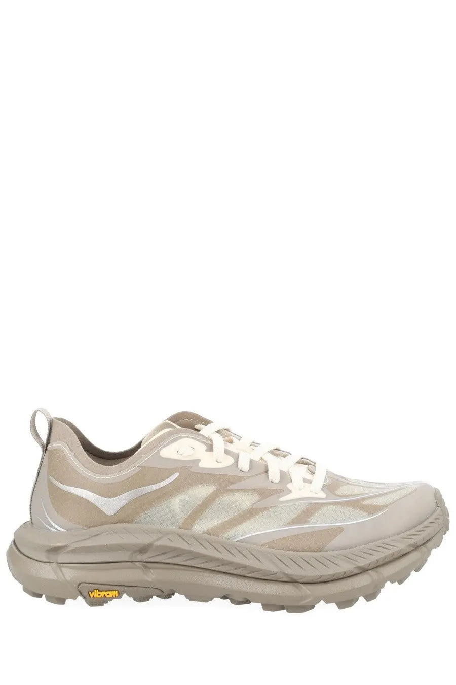 Beige hoka unisex sneaker mafate speed lite with white laces and translucent mesh upper for running use