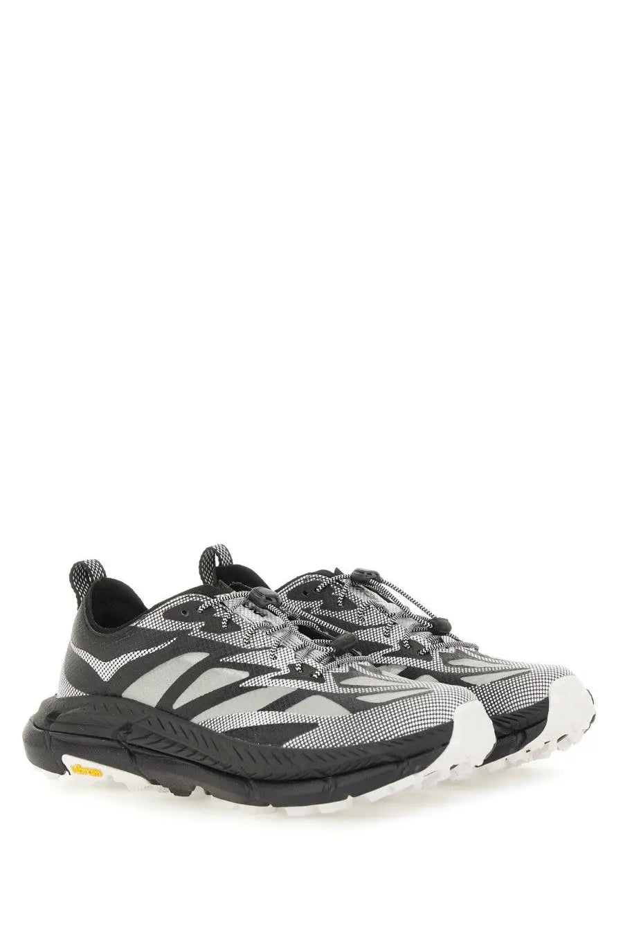 Hoka unisex sneaker mafate speed lite black with black and gray mesh upper bold geometric patterns and thick rubber sole