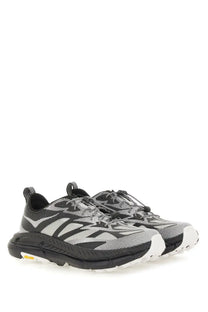 Hoka unisex sneaker mafate speed lite black with black and gray mesh upper bold geometric patterns and thick rubber sole