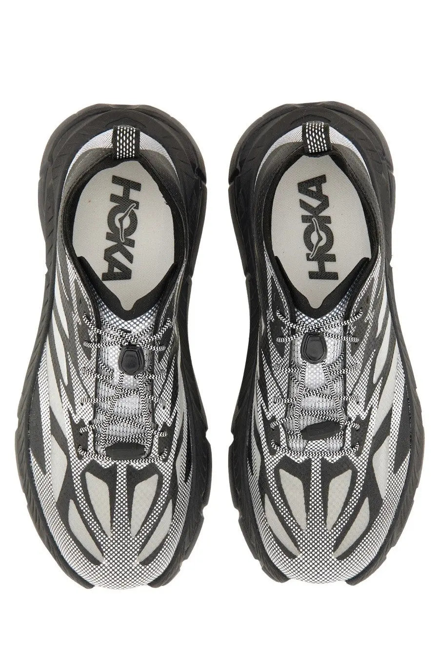 Black and white Hoka unisex sneaker Mafate Speed Lite with mesh upper bold geometric patterns and thick rubber soles