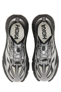 Black and white Hoka unisex sneaker Mafate Speed Lite with mesh upper bold geometric patterns and thick rubber soles
