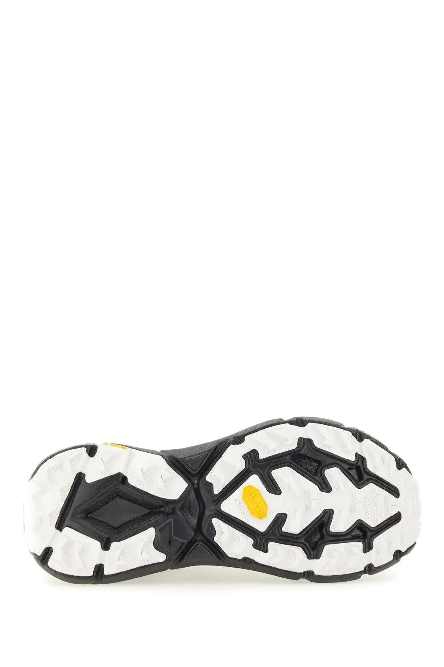 Back side of hoka unisex sneaker mafate speed lite black with black and white rubber sole and yellow vibram logo on heel