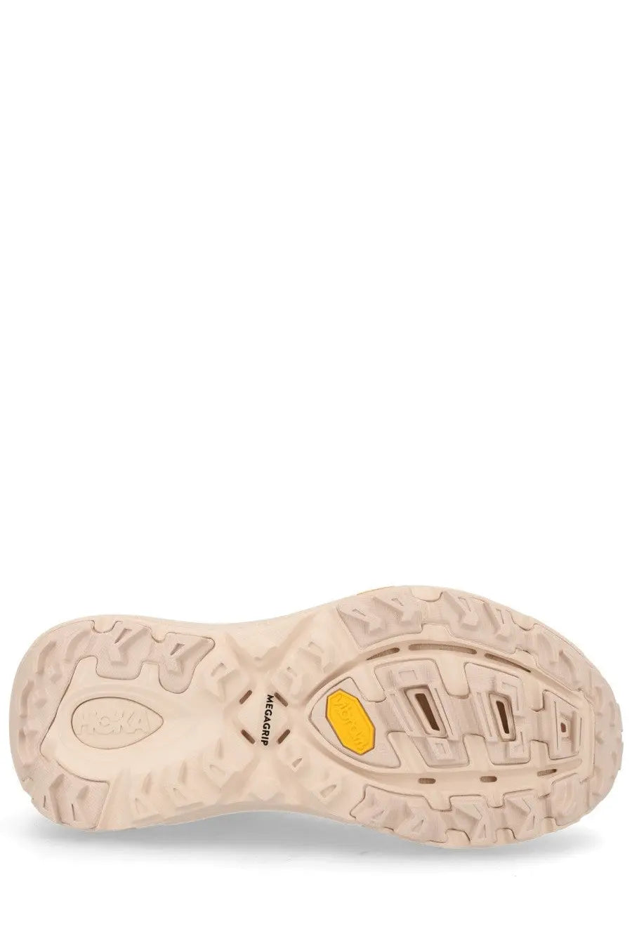 Beige hoka unisex sneaker mafate speed pink hiking shoe sole with yellow vibram outsole and megagrip branding