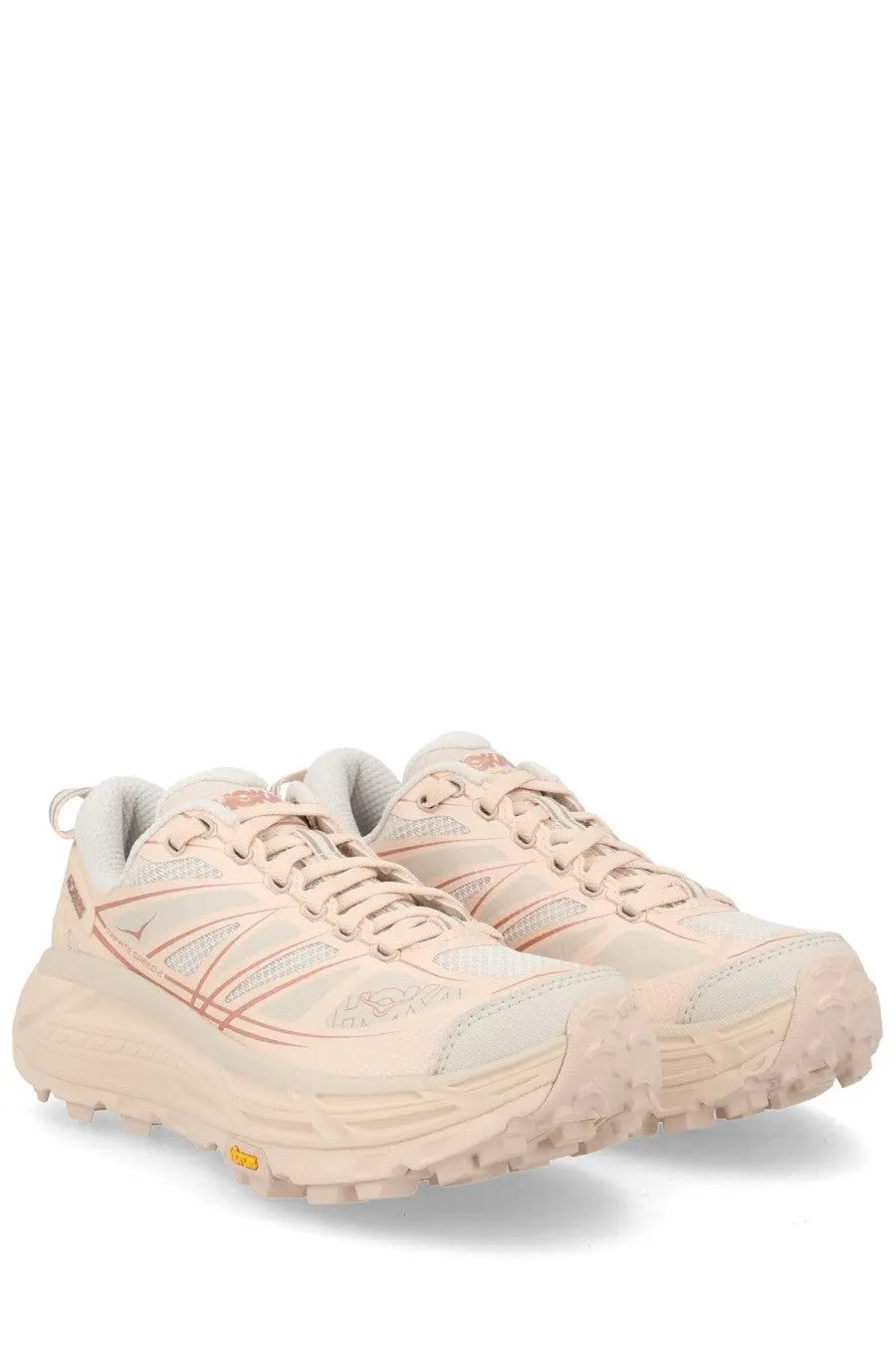Beige hoka unisex mafate speed sneaker with mesh and synthetic overlays and rugged outsole for trail running grip