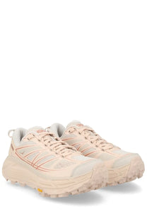 Beige hoka unisex mafate speed sneaker with mesh and synthetic overlays and rugged outsole for trail running grip