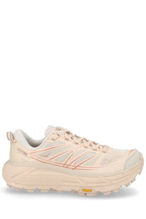 Cream-colored Hoka unisex Mafate Speed Pink sneaker with breathable mesh upper and subtle rose gold accents