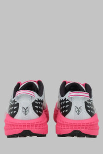 Bright pink and white hoka one one speedgoat unisex running shoes with black geometric heel patterns back view