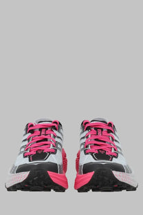 Hoka unisex sneaker Speedgoat in white and pink with black accents featuring breathable mesh upper and rugged outsole