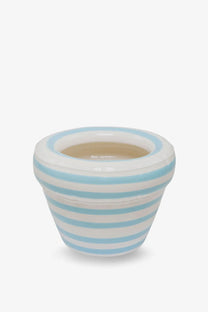 A small ceramic planter with light blue and white horizontal stripes from home studyo unisex pierre ceramic vase blue