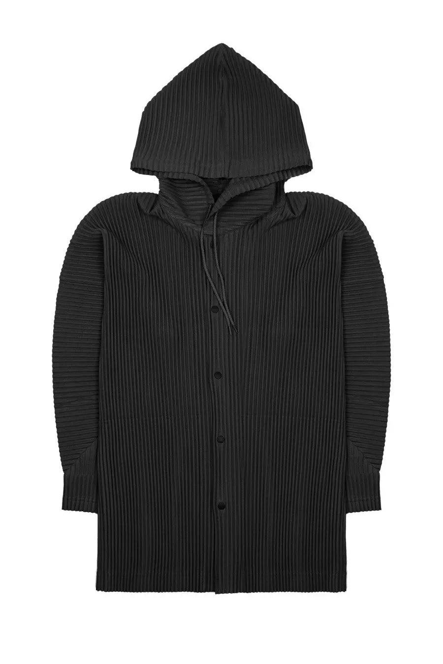 Homme plisse issey miyake men’s black felpa pleated hooded coat with button-front design