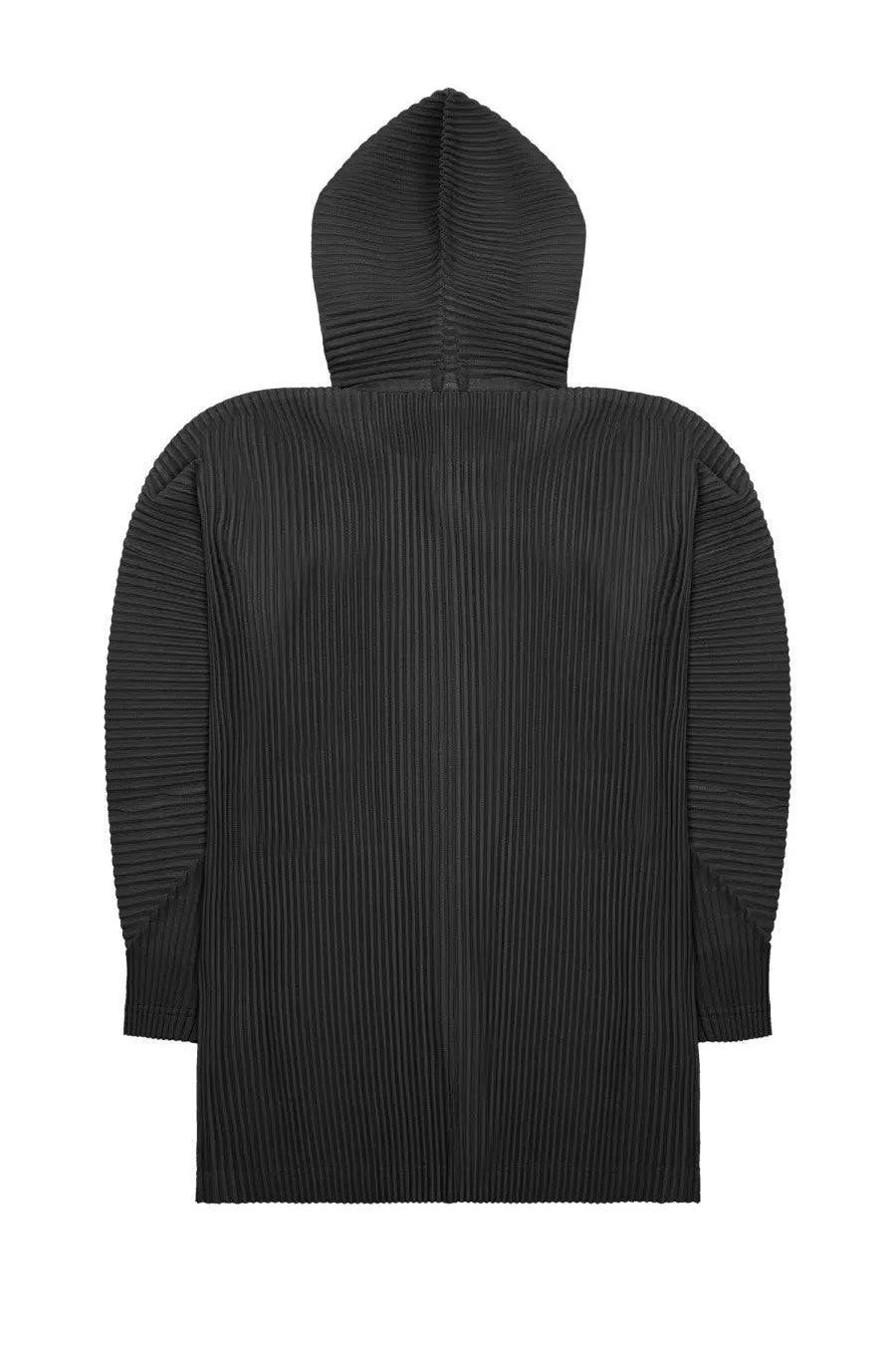Black pleated hooded coat homme plisse issey miyake with structured minimalist design and button details