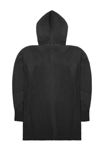 Black pleated hooded coat homme plisse issey miyake with structured minimalist design and button details