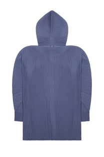 Homme Plisse Issey Miyake men’s purple felpa plissettata hooded coat with vertical ribbed texture and pleated design