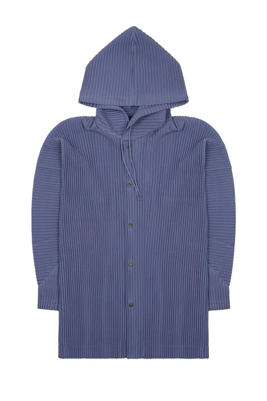 Homme plisse issey miyake navy blue pleated hooded jacket with button-front closure and matching drawstring