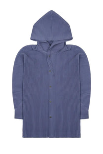 Homme plisse issey miyake navy blue pleated hooded jacket with button-front closure and matching drawstring