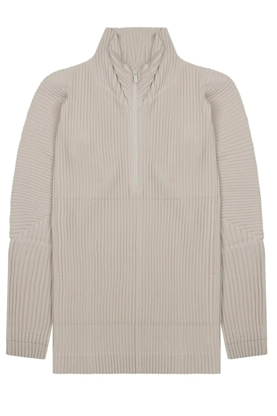 Beige ribbed knit half-zip sweater with structured textured design homme plisse issey miyake men’s felpa plissettata con zip beige
